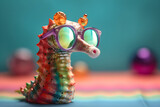 Fototapeta  - Funny seahorse wearing sunglasses in studio with a colorful and bright background. Generative AI