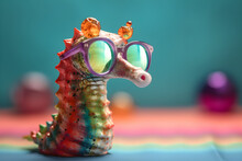 Funny Seahorse Wearing Sunglasses In Studio With A Colorful And Bright Background. Generative AI