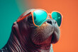 Funny walrus wearing sunglasses in studio with a colorful and bright background. Generative AI