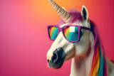 Funny unicorn wearing sunglasses in studio with a colorful and bright background. Generative AI