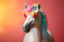 Funny White Horse Wearing Sunglasses In Studio With A Colorful And Bright Background. Generative AI