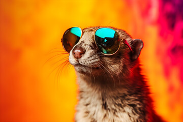 Wall Mural - Funny weasel wearing sunglasses in studio with a colorful and bright background. Generative AI