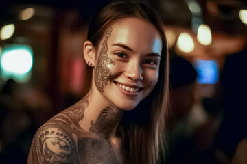 Wall Mural - A tattoo Asian model with intricate Dayak inspired body art poses in front of a dark background, evoking a sense of tribal mystery and allure. generative AI