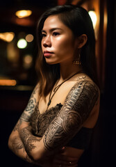 Wall Mural - A tattoo Asian model with intricate Dayak inspired body art poses in front of a dark background, evoking a sense of tribal mystery and allure. generative AI