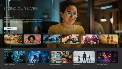 Poster - Interface of Streaming Service Website. Online Subscription Offers TV Shows, Realities, Fiction Movies, and Podcasts. Screen Replacement for Desktop PC and Laptops With Featured Family Drama.