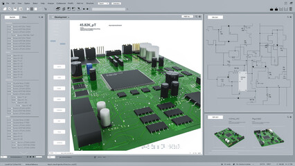 Poster - Light Interface Mockup of Professional CAD Computer Software Zoom In On Digital Model of Circuit Board Being Design. Motherboard Production Process or Microchip For Electronic Devices. 3D Render