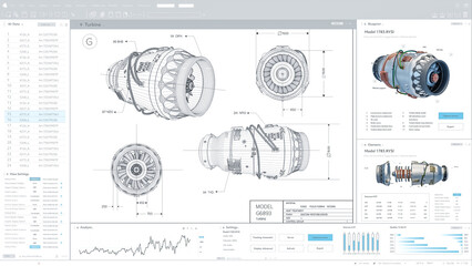 Aufkleber - Mock Up Template of Light Interface of Professional CAD Computer Software With Blue Print and 3D Model of Electric Powered Green Energy Engine. Detailed Sketch Of Turbine With Measurements. 3D Render