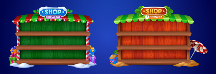 Poster - Cartoon set of game shop frames with empty wooden shelves. Vector illustration of Christmas and summer store selling props, assets, ranks. Windows decorated with garlands, and summer beach accessories