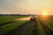 Tractor field spraying sunset. Generate Ai