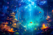 Magical underwater background with sea life.