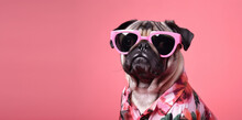 Portrait Of Cute Pug In Trendy Pink Sunglasses And Hawaiian Shirt Isolated On Pink Background With Copy Space, Travel Illustration, Generative AI