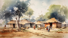 Watercolour Painting Of Indian Village Life. Generative AI.