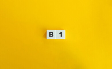 Wall Mural - b1 level of language proficiency. block letter tiles on yellow background. minimal aesthetics.