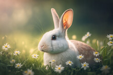 Baby Rabbit In Spring Green Grass With Flowers. Generative AI