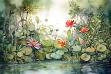 Beautiful Watercolour Painting Of Flower, Leaves, Trees And Brunches In A Forest. Generative AI.