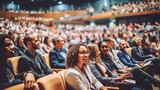 Fototapeta Most - Multi - ethnic audience sitting in an amphitheater and applauding during panel discussion, Generative AI