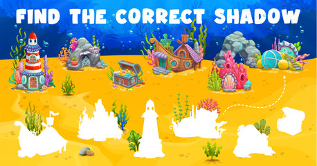 Poster - Cartoon underwater landscape with house buildings. Find the correct shadow of dwelling. Similarity search kids playing activity, shadow match vector quiz or silhouette find puzzle with underwater home