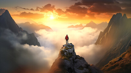 Stand man on top of mountain full of clouds around on sunset