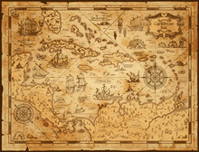Old Vintage Map Of Caribbean Sea. Vector Worn Parchment With Ships, Islands And Land, Wind Rose And Cardinal Points. Fantasy World, Vintage Grunge Paper, Pirate Map With Travel Locations And Monsters