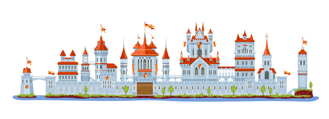 Wall Mural - Knight stone castle and fortress. Gate, tower and turret, bridge, fort, wall and palace. Cartoon vector medieval building exterior, isolated architecture facade with wooden closed door and red flags