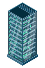 Wall Mural - Isometric server. Network server room. 3D computer equipment. Storage database. Isometric technology. Vector illustration