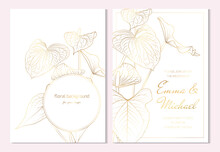 Wedding Marriage Event Invitation Card Template. Anthurium, Flamingo Flowers Tropical Card. Detailed Outline Drawing. Luxury Bright Shiny Golden.