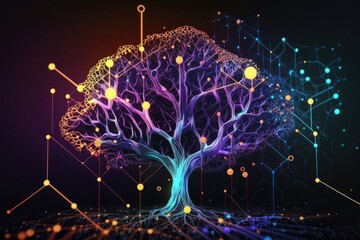 Poster - Abstract technology tree with glowing lines and dots on dark background