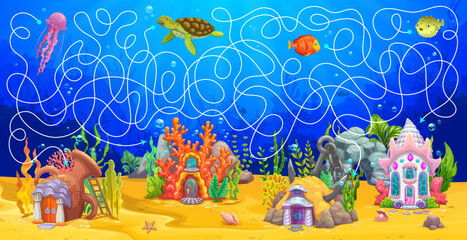 Aufkleber - Labyrinth maze game. Cartoon underwater landscape and sea house buildings. Search path child puzzle, find way vector worksheet or kids maze riddle with funny jellyfish, turtle, fish and fantasy houses