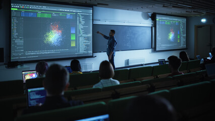 Fototapete - Young University Professor Explaining the Importance of Artificial Intelligence to a Group of Diverse Multiethnic Students in a Dark Auditorium. Teacher Showing Big Data Ecosystem on Two Big Screens