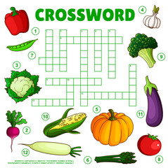 Aufkleber - Raw farm vegetables on crossword grid worksheet. Find a word quiz game, preschool child vocabulary test or children puzzle vector book page template. Kindergarten kids educational playing activity