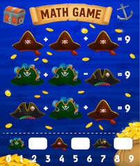 Poster - Math game worksheet. Cartoon pirate hats and corsair captain tricorn. Mathematical puzzle, kids education vector riddle or math playing activity with tricorn hat, octopus and golden coins treasure