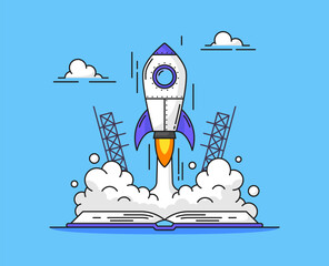 Poster - Rocket launch start up of cartoon spaceship, vector background. Space shuttle start up on book, education or business startup concept, achievement, career growth and space technology science