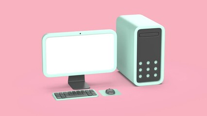 Wall Mural - Cartoon style desktop computer with widescreen monitor, wireless keyboard and mouse on pink background