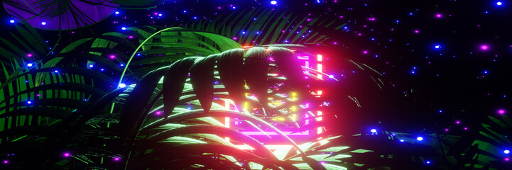 mystical fantasy wild neon jungle with flying and flickering particles light bokeh. abstract animate