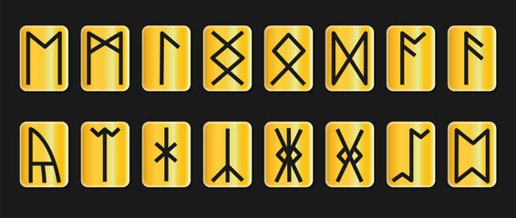 Wall Mural - Set of golden runes on black background 