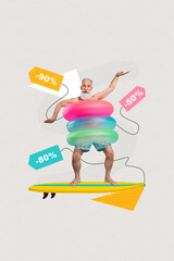 Sticker - Composite collage of retired shirtless man wear triple inflatable rings dance summer discount shopping surfing isolated on grey background