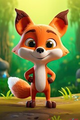 Wall Mural - Cute Cartoon Fox in the Woods (Generative AI)