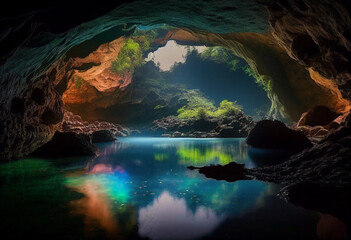 Wall Mural - Mysterious cave with a beautiful underground lake and hanging stalactites on sunset. AI Generated