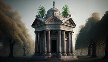 Mausoleum. A Small Building With Trees Growing On It