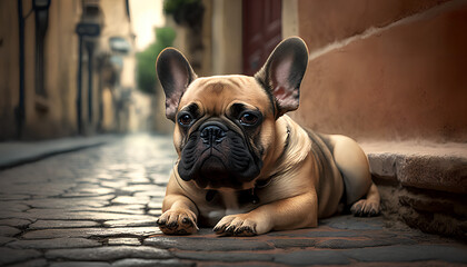 Wall Mural - A french bulldog laying on the ground