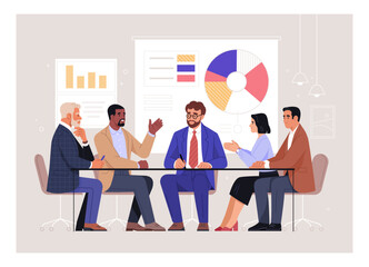 Fototapete - Business Meeting. Vector cartoon illustration in a flat style of a group of diverse people leading a discussion at a table near a whiteboard with charts and graphs. Isolated on background