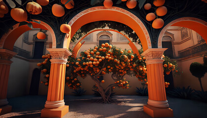 Wall Mural - A building with a fountain and orange trees in front of it
