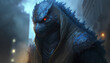 A godzilla with red eyes stands in front of a light
