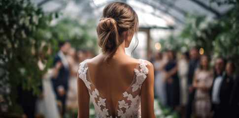 Back view of a bride walking down the isle, generative ai 