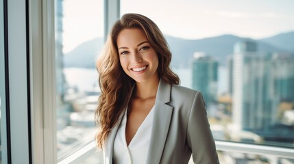 Confident and happy businesswoman wearing a suit in a spacious, sleek office with a breathtaking city skyline view. Generative AI