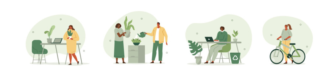 Wall Mural - business people concept illustration set. characters work together at a green sustainable office wit