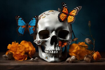 Wall Mural - death illustration bone design butterfly skull flower halloween skeleton art. Generative AI.