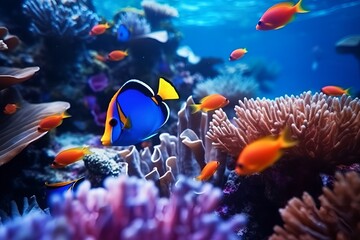 Poster - Tropical sea underwater fishes on coral reef. Aquarium oceanarium wildlife colorful marine panorama landscape nature snorkeling diving