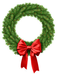 christmas wreath, red ribbon bow, isolated on white background