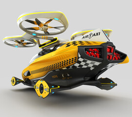 3D rendering of an e-taxi self-propelled Quadcopter drone with two passengers.